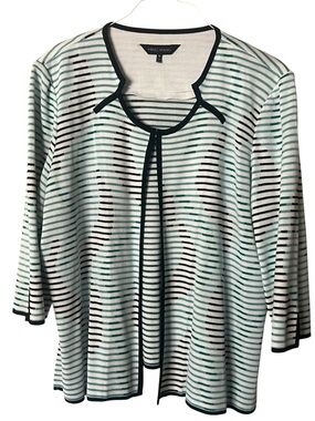 Ming Wang Knit Cardigan Jacket Sz 1X White Striped Career Open Front 3/4 Sleeve
